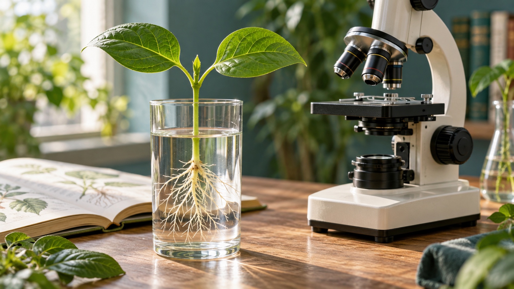 A green seedling with visible roots in a glass of water beside a microscope.