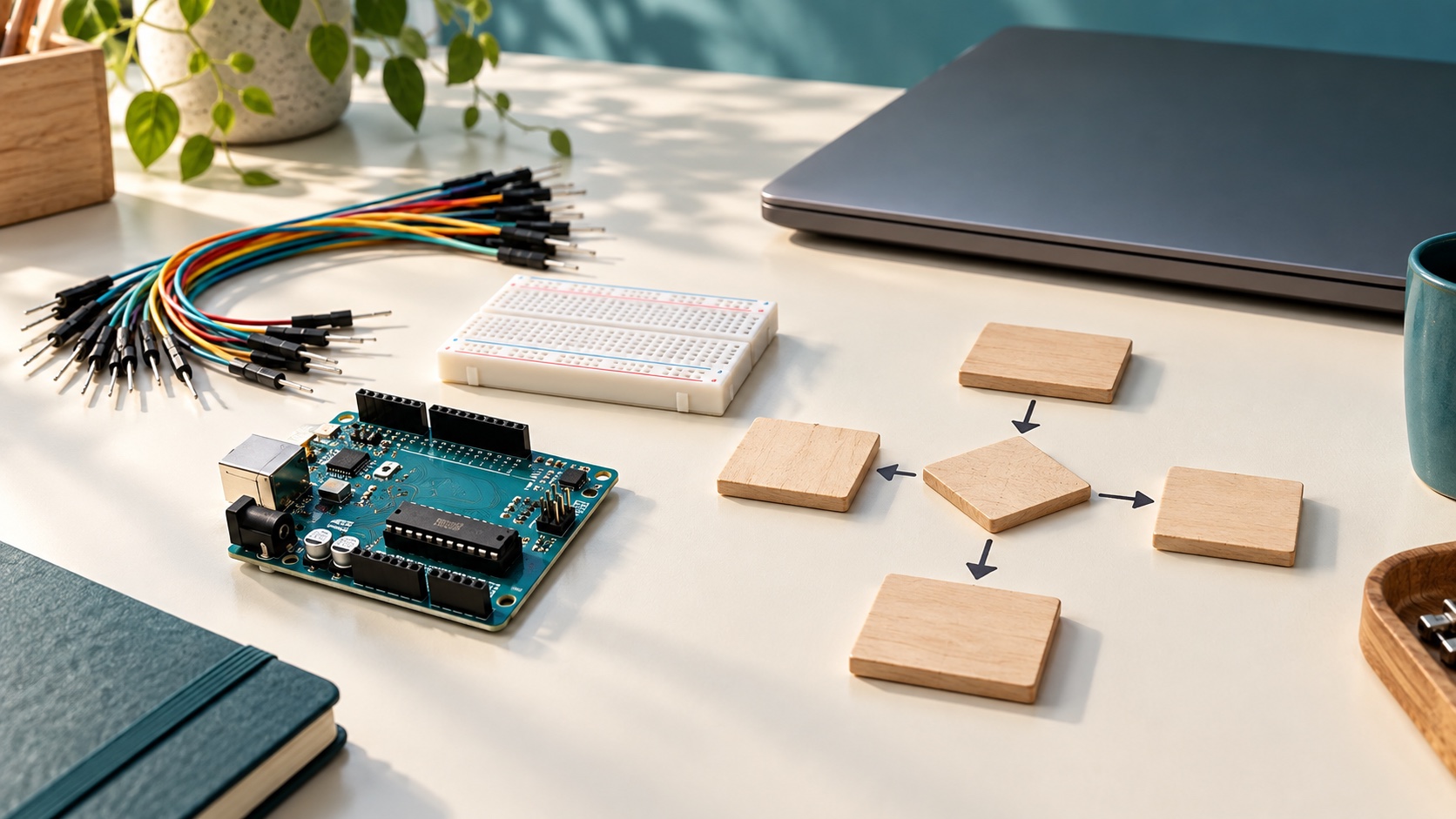 A microcontroller, breadboard and coloured wires beside wooden tiles and a closed laptop.