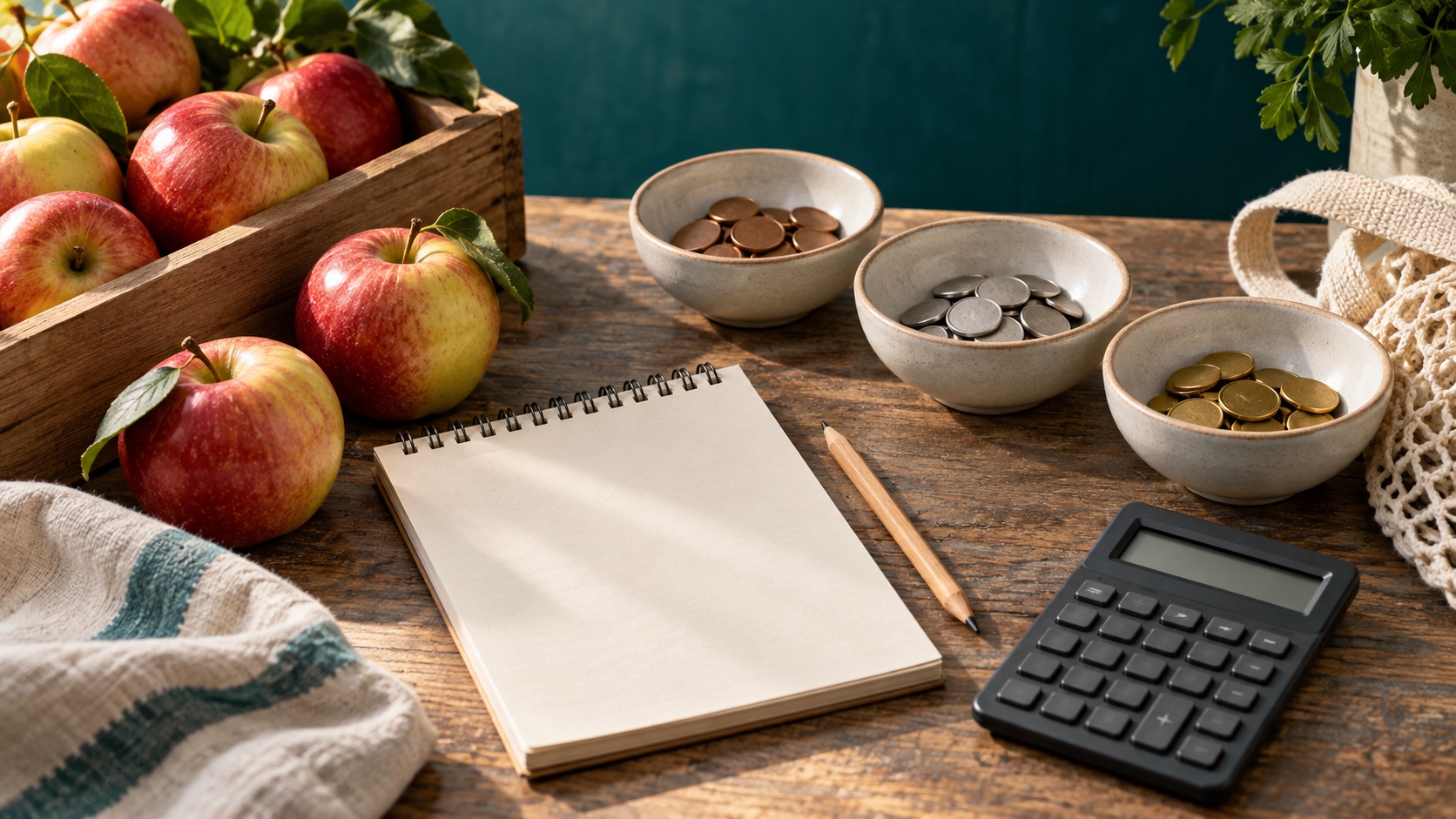 Apples, a calculator, a blank shopping list and plain counting tokens in bowls.