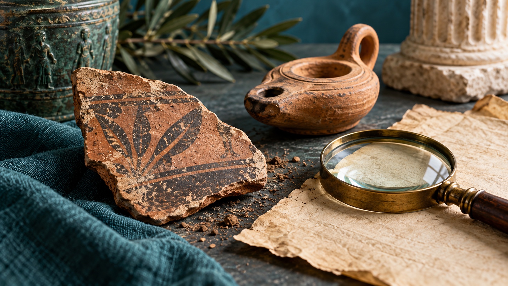 A composed still life of pottery, a reproduction oil lamp, blank parchment and a magnifying glass.