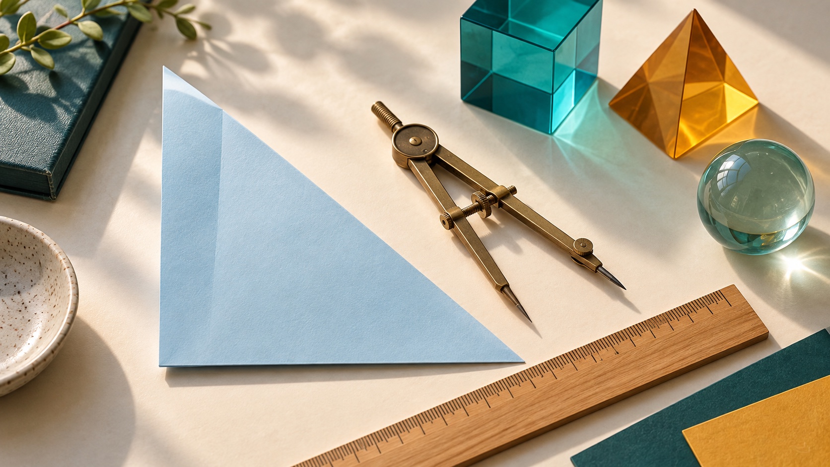 A folded paper triangle, compass, ruler and geometric solids on a light desk.